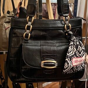 Brighton Black Leather Shoulder Bag with Gold Accents